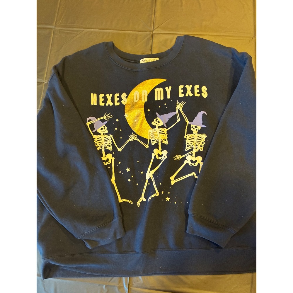 Wound Up Hexes On My Exes Skeleton Halloween Sweatshirt Navy Blue XXXL Plus Size